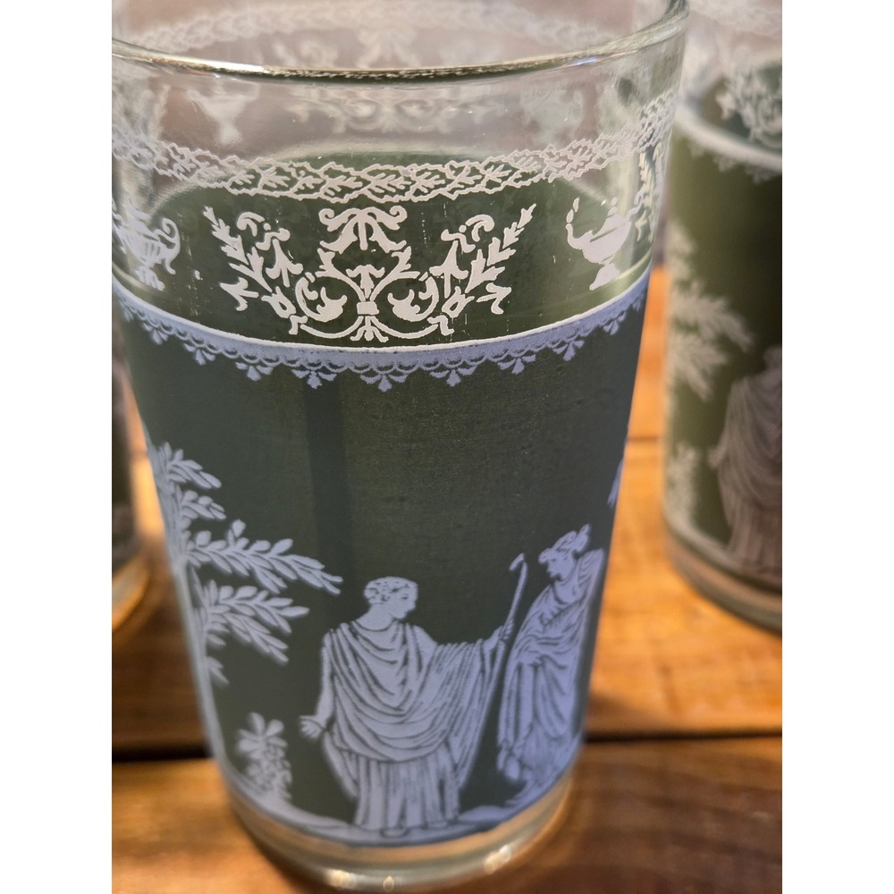 Vintage MCM Wedgewood Greek Hellenic Apollo Green Frosted Tumblers Glassware - Picture 11 of 11